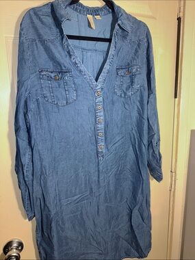 Tacera Denim-Effect Blue Button-Front Mini Dress